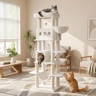 Grand arbre à chat 170×50×40 cm, avec cabanes pour chat grande et petite, 17 poteaux (8 recouverts de sisal), hamac, panier pour chat de 30 cm et 2 coussins amovibles et lavables