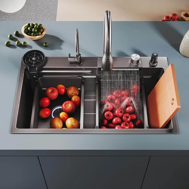 SONNI Einbauküchenspüle Edelstahl, 75 x 45 x 23 cm, Waterfallspüle, schwarz, ohne Temperaturanzeige und Abtropffläche