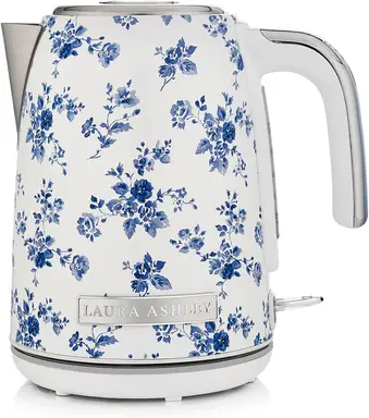 VQ Laura Ashley Retro Jug Kettle, 1.7L, Rapid Boil, Hand-Applied China Rose Print, Vintage, Stainless Steel, Blue Floral - VQSBPKK278LACR