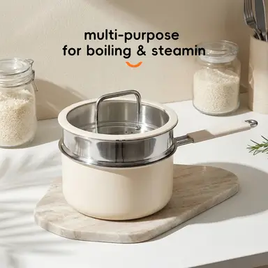 PURECOOK Colored Ceramic-Coated 316 Stainless Steel 2-Piece Milk Pot with Steamer Insert Series | 316 Milk Pot (Exterior: Off-White Ceramic Coating, Interior: 316 Stainless Steel), Stainless Steel Handle Wrapped in Silicone, Earless Steamer Insert, with Silicone Glass Lid