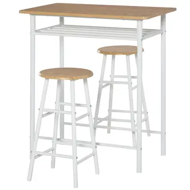 HOMCOM Bar Table & 2 Stools Set Compact White/Oak Effect