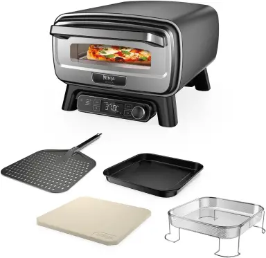 Ninja Artisan Outdoor Pizzaofen und Heißluftfritteuse, 4 Funktionen: Pizza, Air Fry, Backen, Gehen, 5 Pizzaeinstellungen, mit 30 cm Pizzastein, Pizzablech, Backblech, Frittierkorb, grau MO201EU [Energieklasse A]