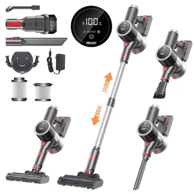 [Vente de liquidation - 59,24 € avec livraison gratuite le lendemain] Aspirateur sans fil Prasky, aspirateur balai 6-en-1 léger avec 45 min d'autonomie, écran LED et lumière, autoportant, aspirateur sans fil rechargeable pour moquette, carrelage, poils d'animaux, parquets (argent)