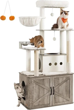 Feandrea Kratzbaum, 170 cm, Multifunktional mit Katzentoilettenschrank, Erhöhte Näpfe, Plüschkissen, Grau