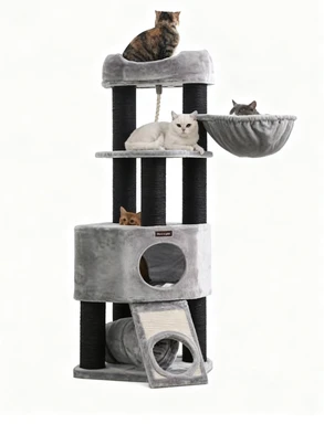 FEANDREA Großer Kratzbaum Plüsch-Plattform Korbhöhle Dicke Sisal-Pfosten Hellgrau