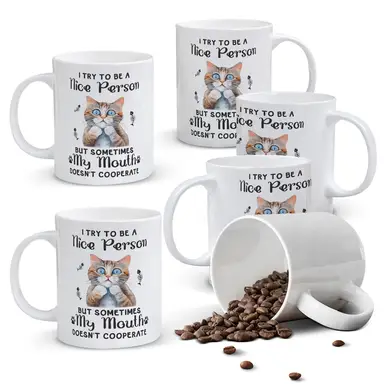 Alphynix 1pc 11oz White Mug with Funny "My Mouth Doesn't Cooperate" Quote and Cute Tabby Cat Design, Humorous & Relatable Christmas or Thanksgiving Gift
