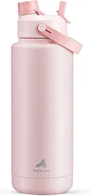 POWCAN Bouteille d'eau isolante de 40 oz avec bouchon à paille et bec 2 en 1, garde le froid pendant 24h, étanche, sans BPA, bouteille d'eau en acier inoxydable à parois doubles pour le sport, la salle de sport, les voyages et l'école (Barbe à papa)