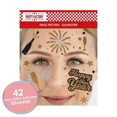 Tattoo Face Tattoo "Happy New Year" – Temporäres Glitzer‑Gesichtstattoo für Kinder & Erwachsene, Silvester, Motto‑Party‑Thema