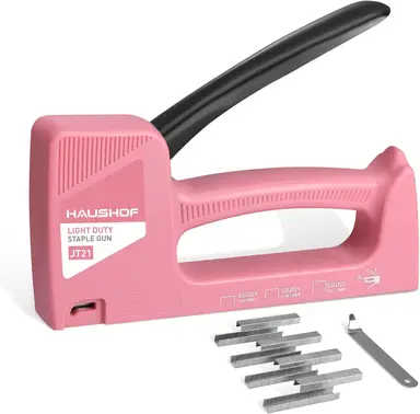 HAUSHOF Hand Stapler Gun Pink Upholstery Staple Gun Wood Stapler for Staples Type 53, with 800 Staples 8 mm and Staple Remover for Wood, Fabric, Furniture