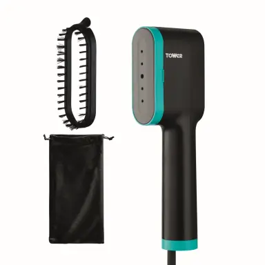 Tower T22038TL Ceraglide Handheld Garment Steamer with Ceramic Soleplate, Brush Attachment, Vertical Steaming, 1400W, Black & Teal