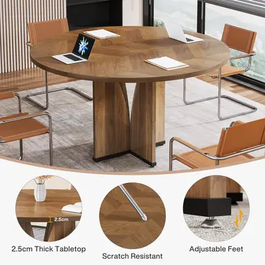 Tribesigns 100 cm Round Conference Table for 4, Wooden Meeting Table for Training & Seminar, Modern Small Office Table for Negotiation, Multi-Purpose Business Tables for Conference Room (Brown)