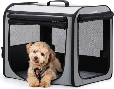 Pecute Leichte Hund-Transportbox, leicht zu montieren, tragbare, belüftete Hund-Reisebox, klappbar für den Innen- und Außenbereich, grüne Hund-Reisebox mit Vorhang