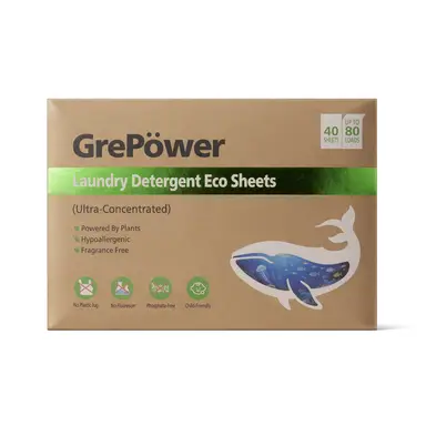 Grepower Ultra-Concentrated Eco-Friendly Laundry Detergent Sheets, 40 Sheets (Up to 80 Washes), Natural, Plant-Based Ingredients, 8x Cleaning Power, Portable & Space-Saving, Ideal for Travel, Reduces Packaging Emissions & Plastic Use