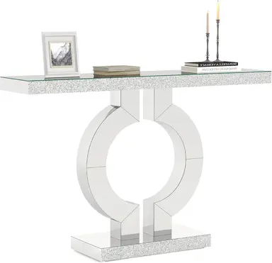 Tribesigns 121cm Modern Entryway Table with O-Shaped Base, Narrow Rectangle Mirrored Sofa Console Table for Living Room, Hallway, Entrance (Silver)