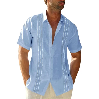 Men's Short Sleeve Guayabera Shirts Linen Cotton Button Down Mexican Embroidered Cuban Wedding Shirt Summer Beach Tops (skyblue, L)