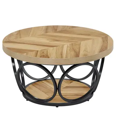 Tribesigns Round Coffee Table, 80 cm Round Wooden Table, Farmhouse Large Round Living Room Table with 2 Levels Storage, Modern Simple Brown Tea Table (Wood Grain)