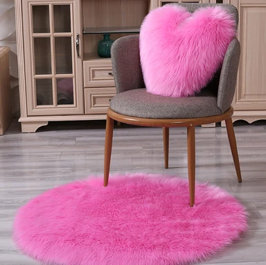 Flauschiger Faux-Woll-Rund-Teppich, 90x90cm weicher Shaggy-Kreis-Teppich, rutschfester Bodenbelag für Schlafzimmer, Wohnzimmer, Kinderzimmer Dekoration (Pink)
