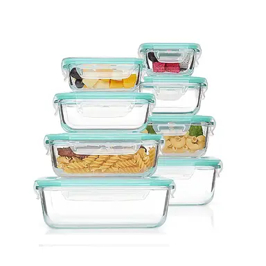 JORDAN&JUDY Rechthoekige borosilicaatglas vershouddozen 8-delige set, afneembaar, 150 ml x 1 + 200 ml x 1 + 320 ml x 1 + 370 ml x 1 + 520 ml x 1 + 640 ml x 1 + 800 ml x 1 + 1040 ml x 1, draagbare lunchbox, blauw