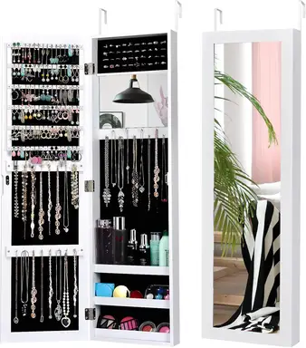 Costway Wall Mounted Jewelry Armoire with Built-in Mirror and 3 Shelves -White