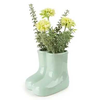 Candlelight Artificial Chrysanthemums in Ceramic Wellies Vase 20cm