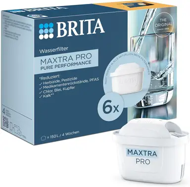 BRITA MAXTRA PRO Pure Performance, All-in-1 Filterkartuschen, 6er-Pack Ersatzwasserfilter, Kalkreduzierung, Chlorkontrolle, verbessert den Geschmack, kompatibel mit BRITA-Kannen, BPA-frei, weiß - 6er-Pack