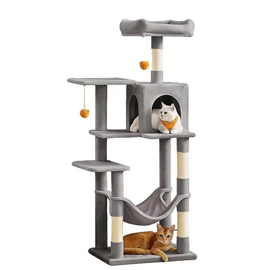 FEANDREA 143cm Kratzbaum 4 Kratzpfosten 2 Plattformen Höhle Hängematte Pompons Hellgrau