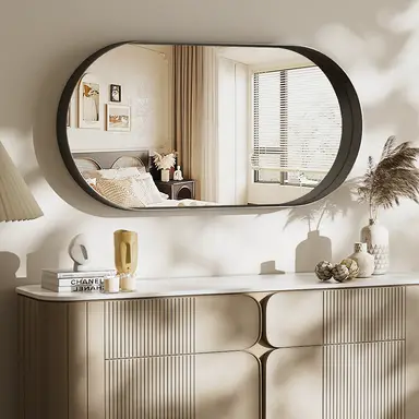 Melodieux Black Bathroom Vanity Mirror for Wall, 60x90 cm Metal Framed Wall Mirror Oval, Decorative Mirror for Bedroom Living Room Entryway Horizontally or Vertically