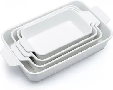 Dafuceramic Kasserollenformen für den Backofen, Backschalen-Set aus 4, rechteckiges Backform-Set mit Griffen, Backen, Kasserollen, Küche, Hochzeitsgeschenk, weiß