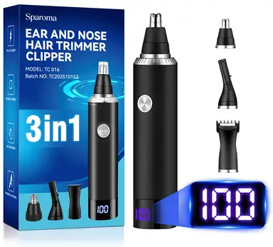 Sparoma 3-in-1 Nose & Facial Hair Trimmer for Men – Trimmer for Nose & Ear Hair & Eyebrow & Detail, 7800 RPM High-Speed Motor, 120-Min Runtime, IPX7 Waterproof – Precision Stainless Steel Dual-Blade Head, LED Display – Type-C Rechargeable, TC-016 3-IN-1, Black