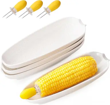 DAFUCERAMIC Porcelain Corn Cob Holders 8.8" Corn Dishes Set of 4 White Dishes With Stainless Steel Corn Cob Holders 4 pcs Microwave Dishwasher Oven Safe