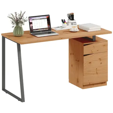 HOMCOM Computer Desk, Writing Desk with Metal Legs, Cabinet, Drawerand Adjustable Shelf, Work Table for Study Home Office, 135L x 60W x 75H cm, Natural Wood Finish