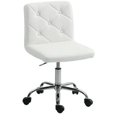 HOMCOM PU Leather Armless Office Chair, Modern Vanity Computer Swivel Chair with Rolling Wheels and Adjustable Height for Home Study, Bedroom, White