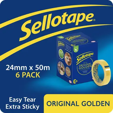 Sellotape Original Easy Tear Extra Sticky Golden Tape, Pack of 6