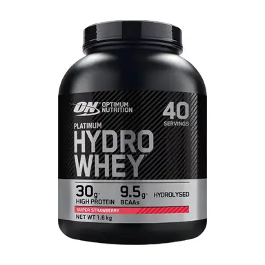 Optimum Nutrition Platinum Hydro Whey Hydrolysed Whey Protein Isolate Powder - Super Strawberry Flavour, 30g Protein per Serving, 9.5g BCAAs - 1.6kg (40 Servings)