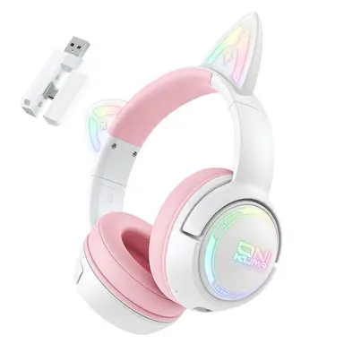 ONIKUMA Gaming-Headset – Kabelloser und kabelgebundener Gaming-Kopfhörer mit 4 Modi, 50-mm-Treiber, RGB-Beleuchtung, Bluetooth 5.3, 1000-mAh-Akku, Modell GT838 (Weiß-Pink)
