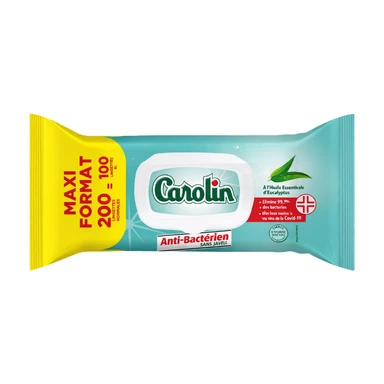 CAROLIN Lingettes Maxi Format Anti-Bacterien Sans Javel A L Huile Essentielle D Eucalyptus X200
