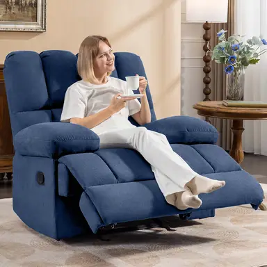 HONEYOU Oversized schommelende relaxfauteuil, Overvolle extra brede schommelende relaxfauteuils, Zachte handmatige relaxfauteuil voor grote mannen, Extra grote woonkamerstoel tot 350 lbs, Blauw