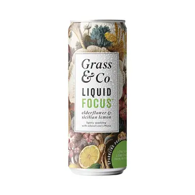 Grass & Co. Liquid FOCUS Sparkling Drink Elderflower Sicilian Lemon with 1000mg Lion's Mane Ginseng B12 K2 D3 Low Sugar 250ml