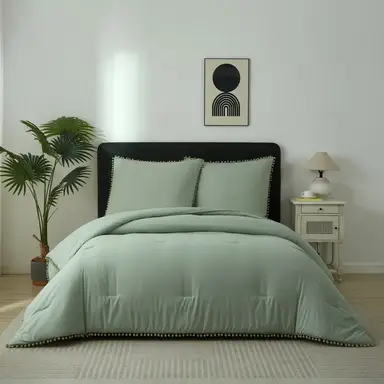 Meeallhome  Comforter Set  Pom Pom  Fringe Bed Set 230*220cm/50*75cm*2  Turquoise