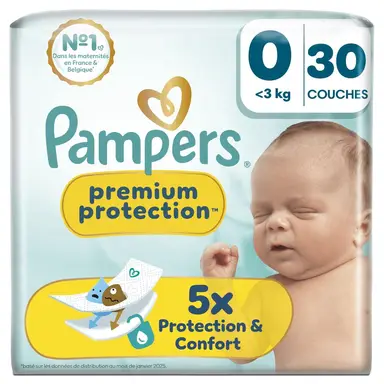 Pampers Premium Protection, Taille 0, 30 Couches, <3kg, Double Protection De La Peau Et Contre Les Fuites, Choix N°1 des maternités en France