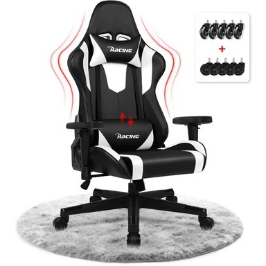 Ergonomischer Gaming‑Stuhl mit verstellbarer Lendenstütze, Kopfstütze und Armlehnen, Wippfunktion, extra dick gepolsterter Sitzfläche, belastbar bis 150 kg, schwarz/weiß