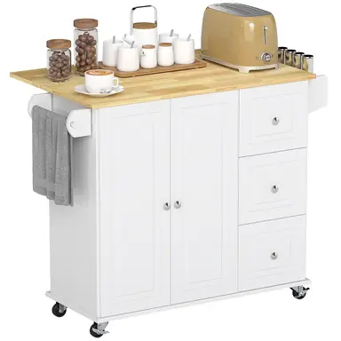 HOMCOM Kitchen Island with Drop Leaf, Rolling Kitchen Storage Trolley on Wheels with 3 Drawers, Spice Rack and Towel Rack, Storage Cart with Rubber Wood Top, White