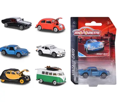 Majorette Vintage Assortment, Vintage Cars, Oldtimer, Spielzeugauto aus Metall, Miniaturfahrzeuge, Freilauf, Federung, Lieferung: 1 Stück, zufällige Auswahl, 6 versch. Modelle, 7,5 cm