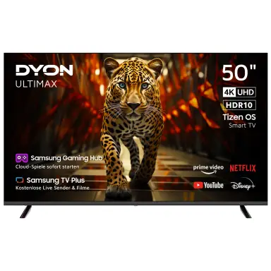 DYON ULTIMAX 50U-TI - 50 Zoll (126 cm) 4K Ultra HD Smart TV mit Samsung Tizen OS, Triple Tuner (DVB-C/-S2/-T2), Samsung Smart & Gaming Hub, Prime Video, Netflix, Disney+ [2025] [Energieeffizienzklasse F]