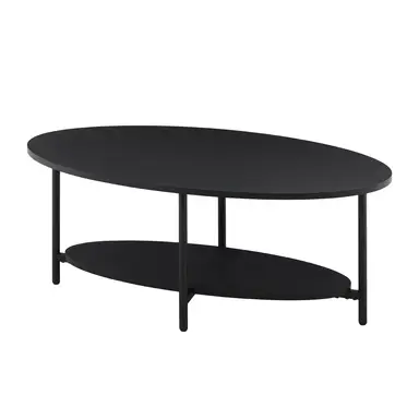 CLIPOP Oval Coffee Table with Open Storage Shelf, 2-Tier Wooden Tea Table with Adjustable Feetpad, Industrial Center Table Black