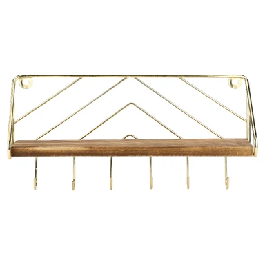 MyGift 31,75 cm Verbranntes Massivholz-Hängeregal und Schlüsselhalter, Wandmontierter Eingangsbereich-Organizer mit Messingdraht-Chevron-Design 6 Haken