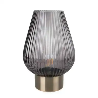Candlelight Table Lamp Tall Ridged Glass LED Battery Powered Smoky Blue H:33cm