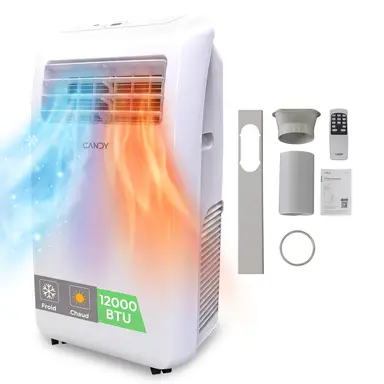 Candy 12000 BTU Climatiseur Mobile, Unité de Climatisation Intelligente 4 en 1, Refroidissement et Chauffage Rapides pour Pièces jusqu'à 35 ㎡, 3 Vitesses, Minuterie 24 H, Kit Fenêtre Inclus, Classe Énergétique A+, Propulsé par Haier
