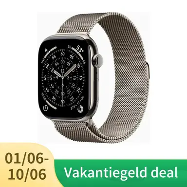 Apple Watch Serie 11 GPS + Mobiel 46 mm – Natuurlijk titanium kast met natuurlijke Milanese band – M/L