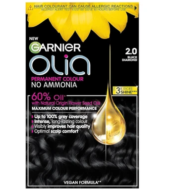 Garnier Olia No Ammonia Permanent Hair Dye 2.0 Black Diamond 1 Colourant Cream 1 Developer Cream 1 Conditioner